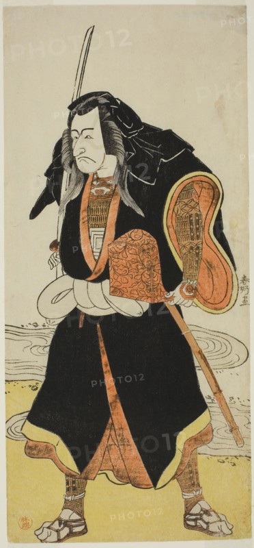 The Actor Ichikawa Danjuro V, Probably as Ise no Saburo Disguised as Sanjo Uemon, Leader of a Robber Gang, in Part Two of the Play Fude-hajime Kanjincho (First Calligraphy of the New Year: Kanjincho [The Subscription List]), Performed at the Nakamura Theater from the Fifteenth Day of the First Month, 1784, c. 1784, Katsukawa Shunko I, Japanese, 1743-1812, Japan, Color woodblock print, hosoban, right sheet of triptych (?), 29 x 13.2 cm (11 7/16 x 5 3/16 in.)