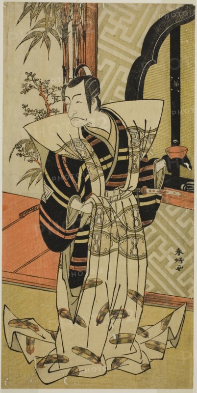 The Actor Ichikawa Danjuro V as Kajiwara Heiji (?) in the Play Hiragana Seisuiki (?), Performed at the Morita Theater (?) in the Third Month, 1776 (?), c. 1776, Katsukawa Shunko I, Japanese, 1743-1812, Japan, Color woodblock print, hosoban, 29.2 x 14.6 cm (11 1/2 x 5 3/4 in.)