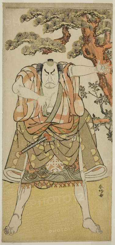 The Actor Nakamura Nakazo I as the Yakko Nakahei Disguised as Miura Arajiro (?) from the Play Ise Heishi Eigo no Koyomi (?), Performed at the Ichimura Theater (?) in the Eleventh Month, 1782 (?), c. 1782, Katsukawa Shunko I, Japanese, 1743-1812, Japan, Color woodblock print, hosoban, 32.6 x 15.1 cm (12 13/16 x 5 15/16 in.)