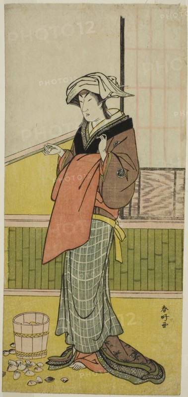The Actor Nakamura Riko I as Moshio (?) in the Play Honda Yayoi Meoto Junrei (?), Performed at the Ichimura Theater (?) in the Seventh Month, 1778 (?), c. 1778, Katsukawa Shunko I, Japanese, 1743-1812, Japan, Color woodblock print, hosoban, 31.9 x 14.8 cm (12 9/16 x 5 13/16 in.)