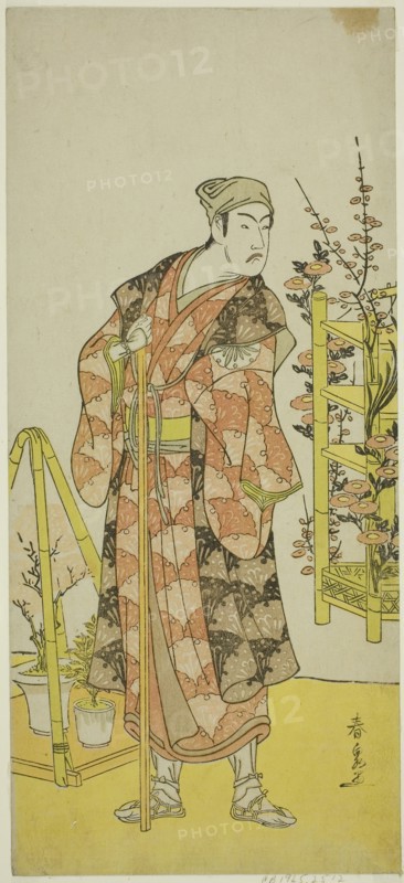 The Actor Matsumoto Koshiro IV as the Plant Seller Awashima no Yonosuke in the Play Mukashi Otoko Yuki no Hinagata, Performed at the Ichimura Theater in the Eleventh Month, 1781, c. 1781, Katsukawa Shunsen, Japanese, active 1780s-early 1790s, Japan, Color woodblock print, hosoban, 32.5 x 14.5 cm (12 13/16 x 5 11/16 in.)