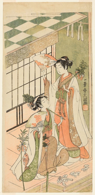 The Shrine Dancers (Miko) Ohatsu and Onami, 1769, Ippitsusai Buncho, Japanese, active c. 1755-90, Japan, Color woodblock print, hosoban, 32.7 x 15.5 cm (12 7/8 x 6 1/8 in.)