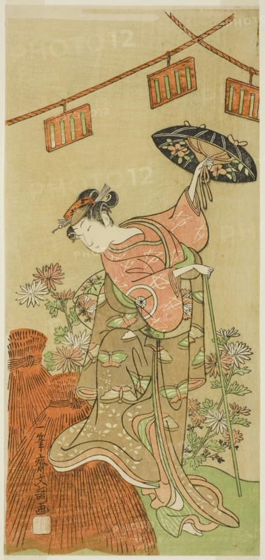 The Actor Iwai Hanshiro IV as Otatsu-gitsune in the Play Nue no Mori Ichiyo no Mato, Performed at the Nakamura Theater in the Eleventh Month, 1770, c. 1770, Ippitsusai Buncho, Japanese, active c. 1755-90, Japan, Color woodblock print, hosoban, 31.5 x 14.5 cm (12 3/8 x 5 11/16 in.)