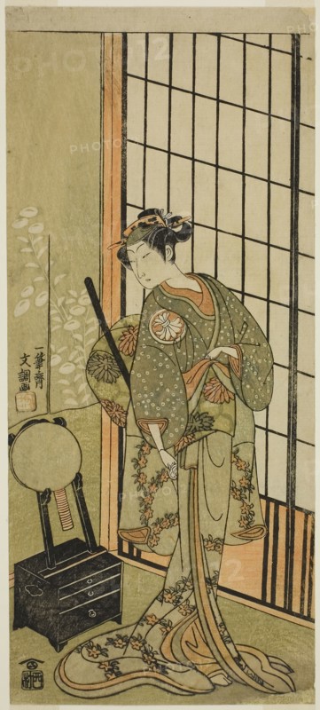 The Actor Segawa Kikunojo II as Princess Hitomaru (Hitormaru Hime) (?) in te Play Soga Moyo Aigo no Wakamatsu (?), Performed at the Nakamura Theater (?) in the First Month, 1769 (?), c. 1769, Ippitsusai Buncho, Japanese, active c. 1755-90, Japan, Color woodblock print, hosoban, 31.3 x 13.8 cm (12 5/16 x 5 7/16 in.)