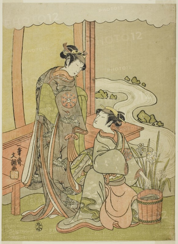 The Actors Nakamura Tomijuro I as Enju Disguised as the Shirbyoshi Gio (right), and Nakamura Noshio I as Goo Disguised as Hotoke Gozen (left), in the Play Miyako-zome Gio Katsugi, Performed at the Morita Theater in the Eleventh Month, 1770, c. 1770, Ippitsusai Buncho, Japanese, active c. 1755-90, Japan, Color woodblock print, chuban, 26.1 x 19 cm (10 1/4 x 7 1/2 in.)