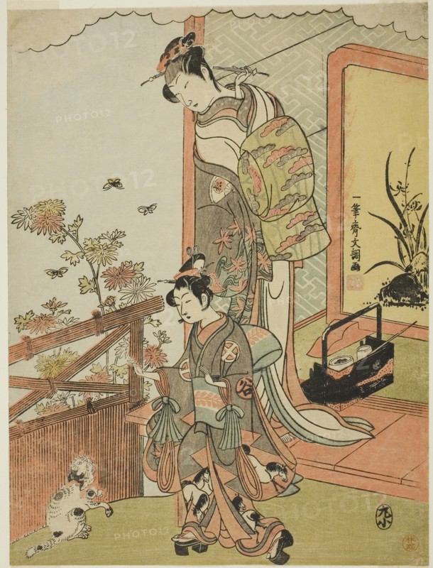 The Actor Onoe Matsusuke I as Oiso no Tora (?) (right), and Otani Taniji (left), c. 1770, Ippitsusai Buncho, Japanese, active c. 1755-90, Japan, Color woodblock print, chuban, 25.9 x 19.3 cm (10 3/16 x 7 5/8 in.)