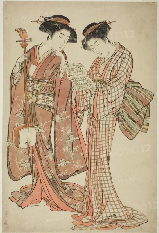 Two Geisha Holding a Shamisen and a Song Book, c. 1777, Attributed to Kitao Shigemasa, Japanese, 1739-1820, Japan, Color woodblock print, oban, 15 1/4 x 10 1/8 in.