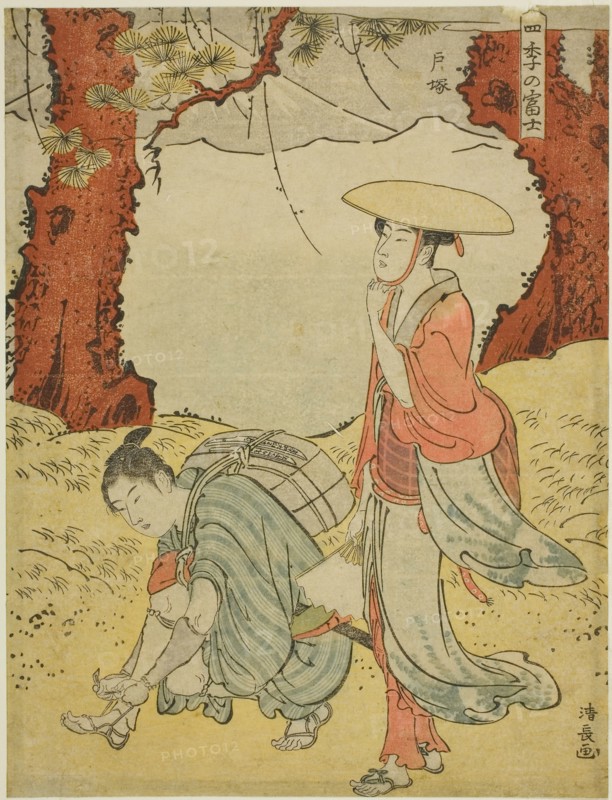 Totsuka, from the series Mount Fuji in the Four Seasons (Shiki no Fuji), c. 1785, Torii Kiyonaga, Japanese, 1752-1815, Japan, Color woodblock print, chuban, 24.8 x 18.8 cm