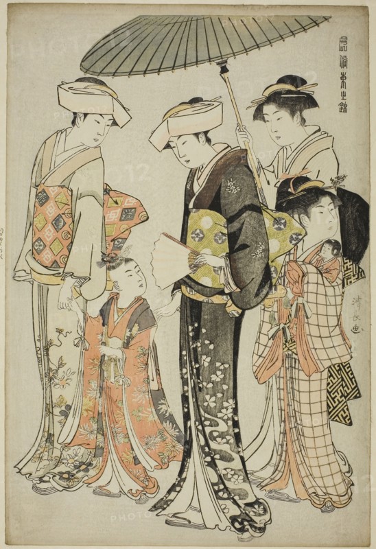 A Girl and Four Servants, from the series A Brocade of Eastern Manners (Fuzoku Azuma no nishiki), c. 1783/84, Torii Kiyonaga, Japanese, 1752-1815, Japan, Color woodblock print, oban, 39.7 x 26.6 cm