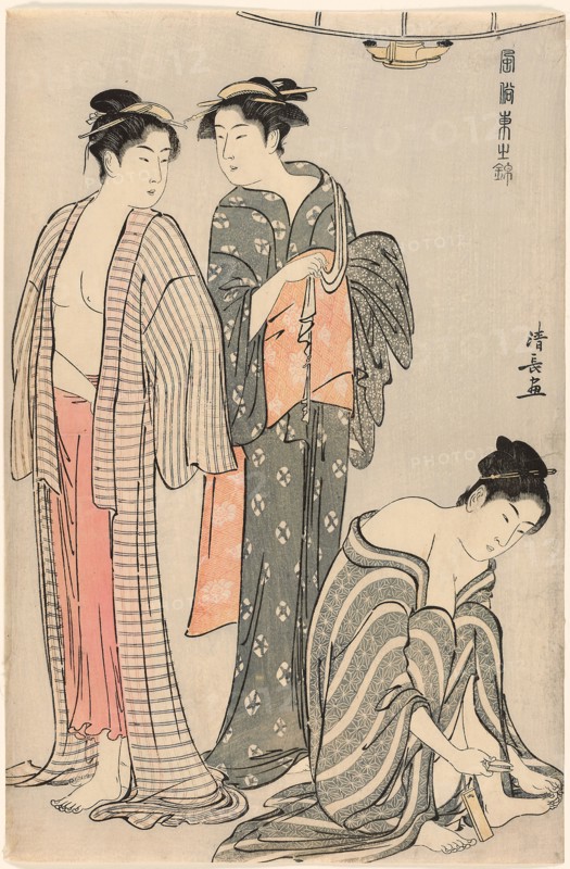 Three Women after a Bath, from the series A Brocade of Eastern Manners (Fuzoku Azuma no nishiki), c. 1783/84, Torii Kiyonaga, Japanese, 1752-1815, Japan, Color woodblock print, oban, 37.3 x 24.6 cm