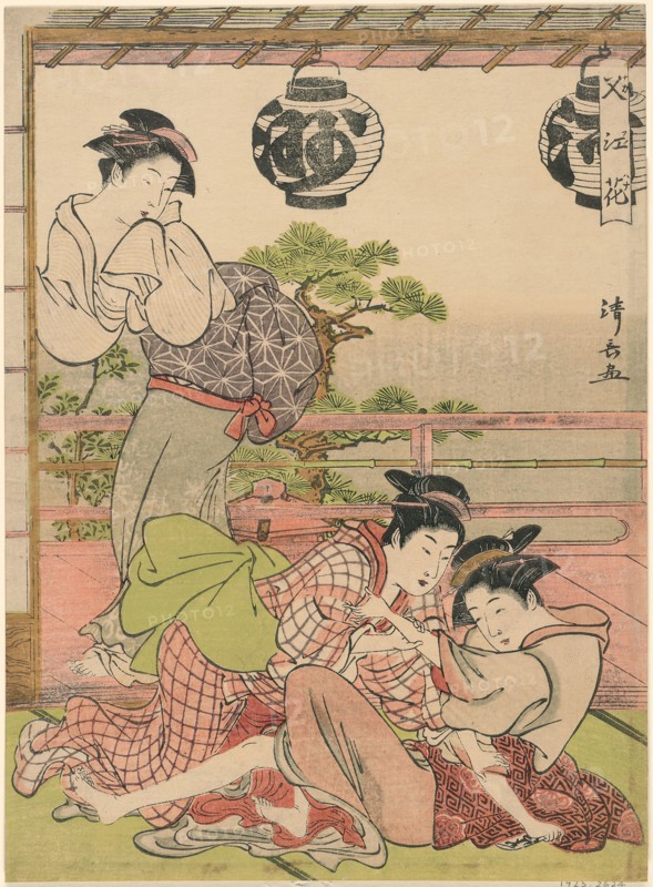Two Geisha Struggling for a Letter (Fumi no arasoi), from the series Flowers of Nakasu (Nakasu no hana), c. 1781, Torii Kiyonaga, Japanese, 1752-1815, Japan, Color woodblock print, chuban, 25.7 x 18.8 cm