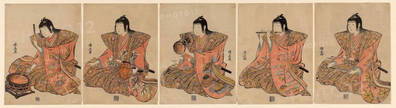 Five Musicians (Gonin bayashi), c. 1783, Torii Kiyonaga, Japanese, 1752-1815, Japan, Color woodblock print, chuban pentaptych, (1) 25.6 x 19.4 cm, (2) 25.7 x 19.4 cm, (3) 25.6 x 19.2 cm, (4) 25.5 x 19.0 cm, (5) 25.6 x 19.4 cm
