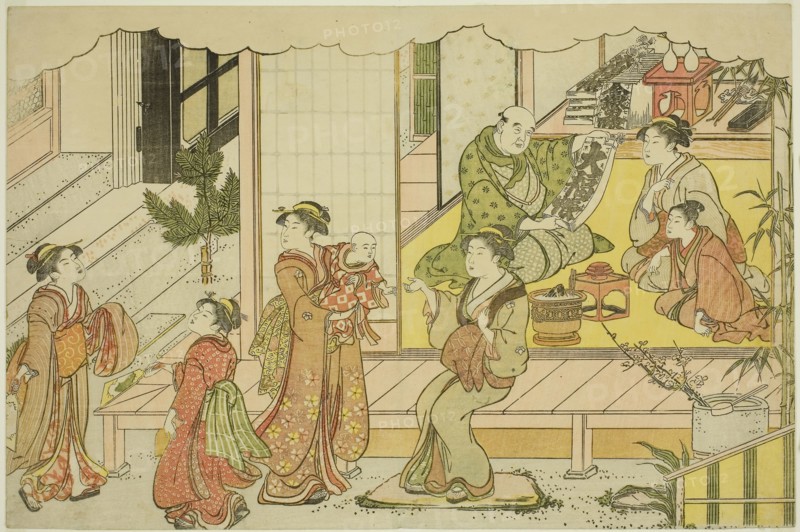 Opening the Storehouse (Kurabiraki), from the illustrated book Colors of the Triple Dawn (Saishiki mitsu no asa), c. 1787, Torii Kiyonaga, Japanese, 1752-1815, Japan, Color woodblock print, oban, page from an illustrated book, 25.2 x 38.0 cm