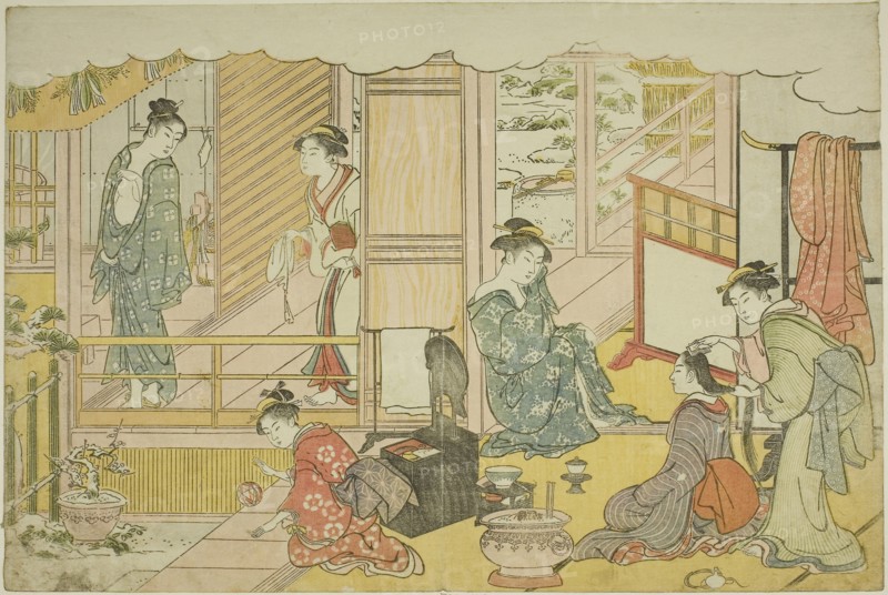 The First Bath of the New Year (Yudono hajime), from the illustrated book Colors of the Triple Dawn (Saishiki mitsu no asa), c. 1787, Torii Kiyonaga, Japanese, 1752-1815, Japan, Color woodblock print, oban, page from an illustrated book, 25.2 x 37.9 cm