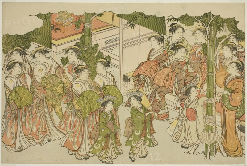 The First Garments of the New Year (Kiso hajime), from the illustrated book Colors of the Triple Dawn (Saishiki mitsu no asa), c. 1787, Torii Kiyonaga, Japanese, 1752-1815, Japan, Color woodblock print, oban, page from an illustrated book, 25.2 x 38.0 cm