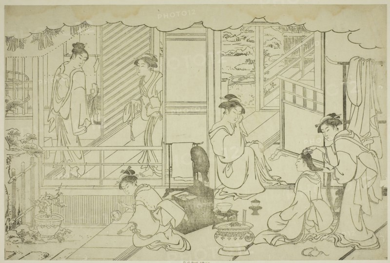 The First Bath of the New Year (Yudono hajime), from the illustrated book Colors of the Triple Dawn (Saishiki mitsu no asa), c. 1787, Torii Kiyonaga, Japanese, 1752-1815, Japan, Woodblock print, oban, keyblock proof impression, 25.4 x 38.2 cm (10 x 15 1/16 in.)