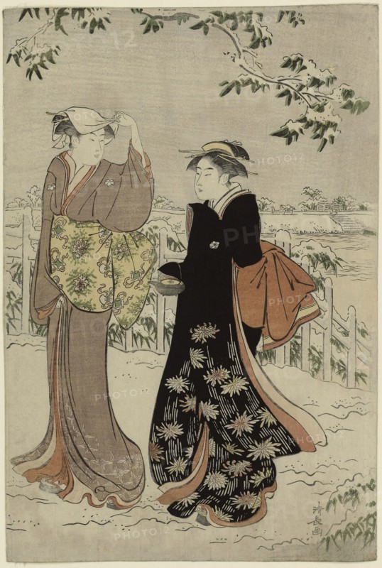 Matsuchi Hill after Snowfall, c. 1785, Torii Kiyonaga, Japanese, 1752-1815, Japan, Color woodblock print, right sheet of oban diptych (left sheet: 1925.2655), 38.6 x 26.2 cm