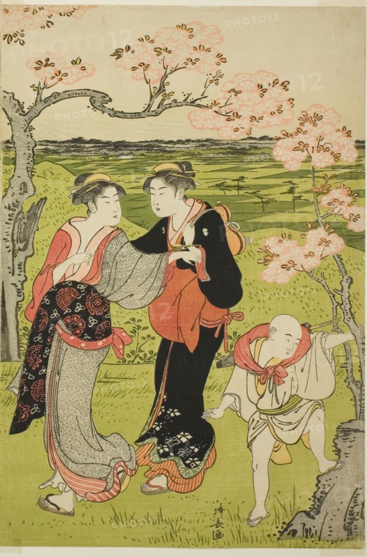 Cherry Blossom Viewing at Asuka Hill, c. 1787, Torii Kiyonaga, Japanese, 1752-1815, Japan, Color woodblock print, right sheet of oban triptych, 37.7 x 25.2 cm