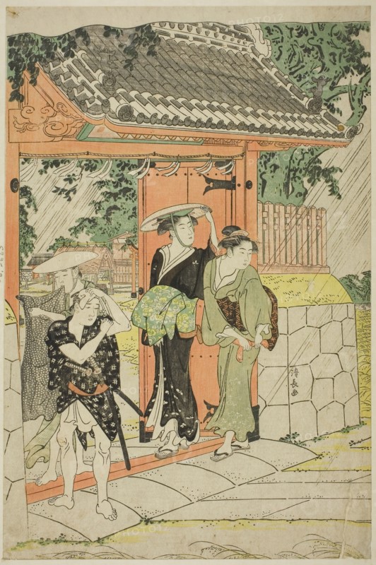 Sudden Shower at Mimeguri Shrine, c. 1787, Torii Kiyonaga, Japanese, 1752-1815, Japan, Color woodblock print, left sheet of oban triptych, 37.9 x 25.1 cm