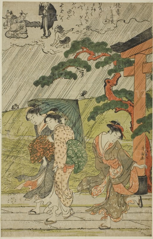 Sudden Shower at Mimeguri Shrine, c. 1787, Torii Kiyonaga, Japanese, 1752-1815, Japan, Color woodblock print, right sheet of oban triptych, 35.0 x 22.5 cm