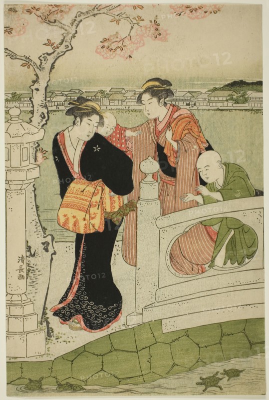 Women and Children on the Causeway at Shinobazu Pond, c. 1788, Torii Kiyonaga, Japanese, 1752-1815, Japan, Color woodblock print, right sheet of oban triptych, 38.0 x 24.9 cm