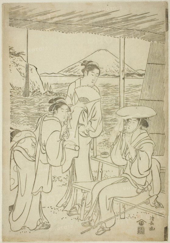 Visitors to Enoshima, c. 1789, Torii Kiyonaga, Japanese, 1752-1815, Japan, Woodblock print, center sheet of oban triptych, keyblock proof impression, 38.9 x 26.7 cm (15 5/16 x 10 1/2 in.)