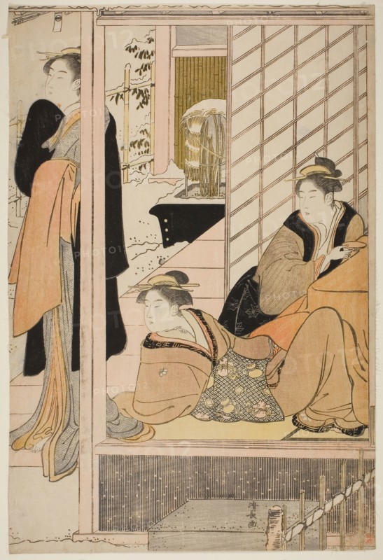 Women Viewing a Snowy Garden from a Parlor, c. 1786, Torii Kiyonaga, Japanese, 1752-1815, Japan, Color woodblock print, right sheet of oban diptych, 38.7 x 25.7 cm