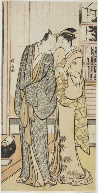 The Actor Ichikawa Yaozo III with a geisha, from an untitled series of prints showing Actors in private life, c. 1783/84, Torii Kiyonaga, Japanese, 1752-1815, Japan, Color woodblock print, hosoban, 29.2 x 14.5 cm
