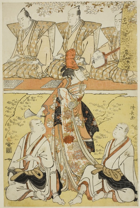 The Actors Segawa Kikunojo III as Koito, Sawamura Sojuro III as the monk Sainenbo, and Ichikawa Monnosuke II as the monk Renseibo, in the shosa Mata Saku Hana Museume Dojoji, performed at the Nakamura Theater in the fourth month, 1783, 1783, Torii Kiyonaga, Japanese, 1752-1815, Japan, Color woodblock print, oban, 38.2 x 25.2 cm