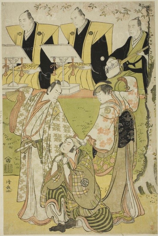 The Actors Ichikawa Monnosuke II as Munesada, Segawa Kikunojo III as the courtesan Sumizome, and Nakamura Nakazo I as Sekibei, in the play Tsumoru Koi Yuki no Seki no To, performed at the Kiri Theater in the eleventh month, 1784, 1784, Torii Kiyonaga, Japanese, 1752-1815, Japan, Color woodblock print, oban, 38.4 x 25.4 cm