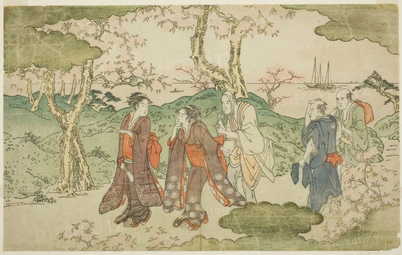 Mount Goten, from the illustrated book Statue of Fugen (Fugen-zo), c. 1790, Kitagawa Utamaro ??? ??, Japanese, 1753 (?)-1806, Japan, Color woodblock print, double-page illustration from book, 8 9/16 x 13 13/16 in.