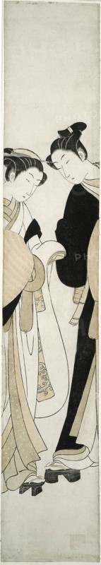 Two Komuso, c. 1768/69, Suzuki Harunobu ?? ??, Japanese, 1725 (?)-1770, Japan, Color woodblock print, hashira-e, 68.8 x 12.0 cm (27 1/8 x 4 5/8 in.)