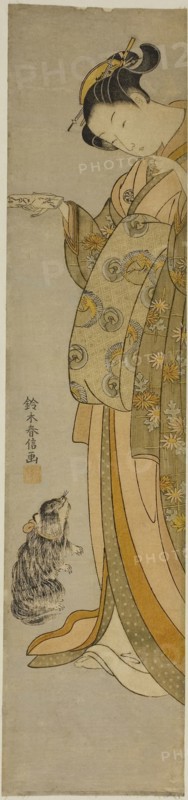 Courtesan with her Pet, c. 1769, Suzuki Harunobu ?? ??, Japanese, 1725 (?)-1770, Japan, Color woodblock print, hashira-e, 21 x 4 7/8 in.