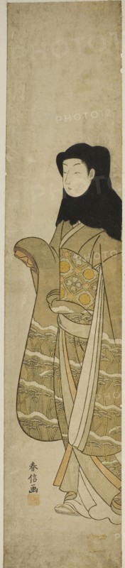 Woman Wearing Black Hood, c. 1766/67, Suzuki Harunobu ?? ??, Japanese, 1725 (?)-1770, Japan, Color woodblock print, hashira-e, 25 1/8 x 5 1/8 in.