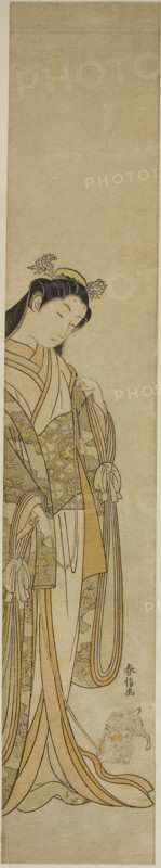 The Third Princess and Her Pet Kitten, c. 1767, Suzuki Harunobu ?? ??, Japanese, 1725 (?)-1770, Japan, Color woodblock print, hashira-e, 27 1/8 x 4 3/4 in.