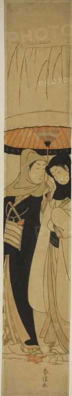 Lovers under an Umbrella in the Snow, c. 1767/68, Suzuki Harunobu ?? ??, Japanese, 1725 (?)-1770, Japan, Color woodblock print, hashira-e, 28 3/4 x 4 7/8 in.