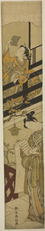 Parody of Act VII of The Storehouse of Loyal Retainers (Chushingura), c. 1768/69, Suzuki Harunobu ?? ??, Japanese, 1725 (?)-1770, Japan, Color woodblock print, hashira-e, 25 3/4 x 4 1/2 in.