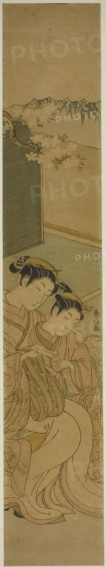 The Love Letter, c. 1769, Suzuki Harunobu ?? ??, Japanese, 1725 (?)-1770, Japan, Color woodblock print, hashira-e, 28 x 4 7/8 in.