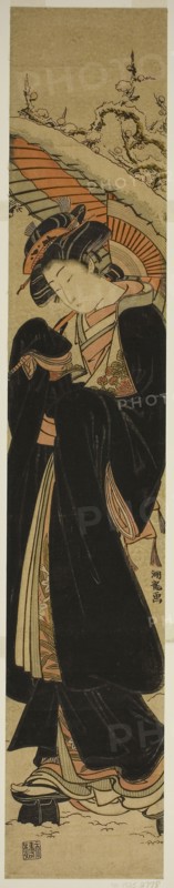 Young Woman with Umbrella Walking in Snow, c. 1777, Isoda Koryusai, Japanese, 1735-1790, Japan, Color woodblock print, hashira-e, 25 3/4 x 4 5/8 in.