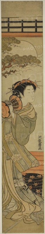 Courtesan Playing a Hand Drum, c. 1775, Isoda Koryusai, Japanese, 1735-1790, Japan, Color woodblock print, hashira-e