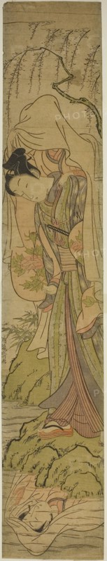 Young Man Carrying a Girl Sees her Reflection in the Water, c. 1771, Isoda Koryusai, Japanese, 1735-1790, Japan, Color woodblock print, hashira-e, 26 1/2 x 4 3/4 in.