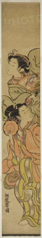 Two Dancers, c. 1772, Isoda Koryusai, Japanese, 1735-1790, Japan, Color woodblock print, hashira-e, 27 5/8 x 4 5/8 in.