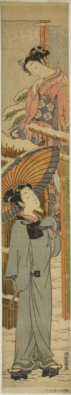Looking through the Gate, c. 1771, Isoda Koryusai, Japanese, 1735-1790, Japan, Color woodblock print, hashira-e, 27 7/8 x 4 7/8 in.