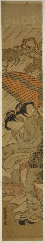 Two Young Women with Umbrella Caught in Rainstorm, c. 1771, Isoda Koryusai, Japanese, 1735-1790, Japan, Color woodblock print, hashira-e, 27 7/8 x 4 3/4 in.