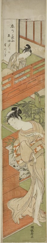 Attracting her attention, c. 1771, Isoda Koryusai, Japanese, 1735-1790, Japan, Color woodblock print, hashira-e, 28 5/8 x 5 1/4 in.