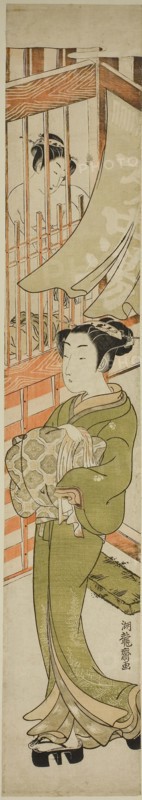 Young Woman Emerging from a Bathhouse, c. 1772, Isoda Koryusai, Japanese, 1735-1790, Japan, Color woodblock print, hashira-e, 27 1/8 x 4 5/8 in.