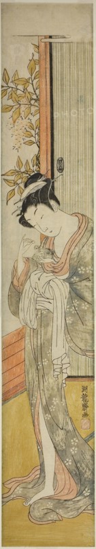 Young Woman Feeding a Rat, c. 1771, Isoda Koryusai, Japanese, 1735-1790, Japan, Color woodblock print, hashira-e, 27 5/8 x 4 5/8 in.