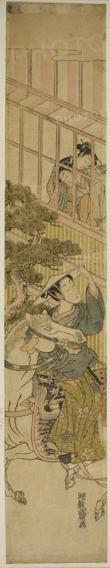 Young Man on Horseback and Two Women Watching from a Window, c. 1770, Isoda Koryusai, Japanese, 1735-1790, Japan, Color woodblock print, hashira-e, 27 1/8 x 5 in.
