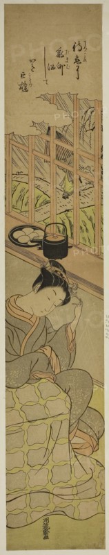 Waiting for Her Lover, c. 1770/71, Isoda Koryusai, Japanese, 1735-1790, Japan, Color woodblock print, hashira-e, 27 x 4 1/2 in.