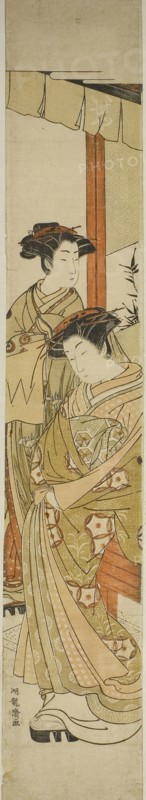 Two Courtesans of the Iseya, c. 1776, Isoda Koryusai, Japanese, 1735-1790, Japan, Color woodblock print, hashira-e, 28 3/4 x 4 7/8 in.